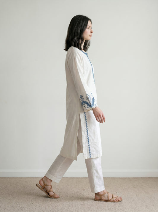 White & Blue Embroidered Co-ord Set
