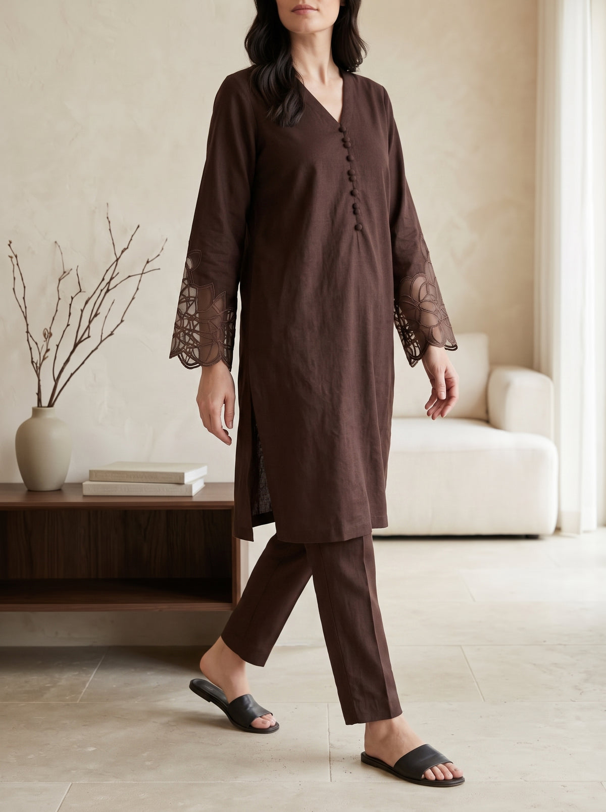 Chocolate Embroidered Co-ord Set