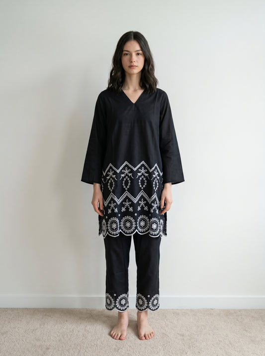 Black Embroidered Two Piece Set
