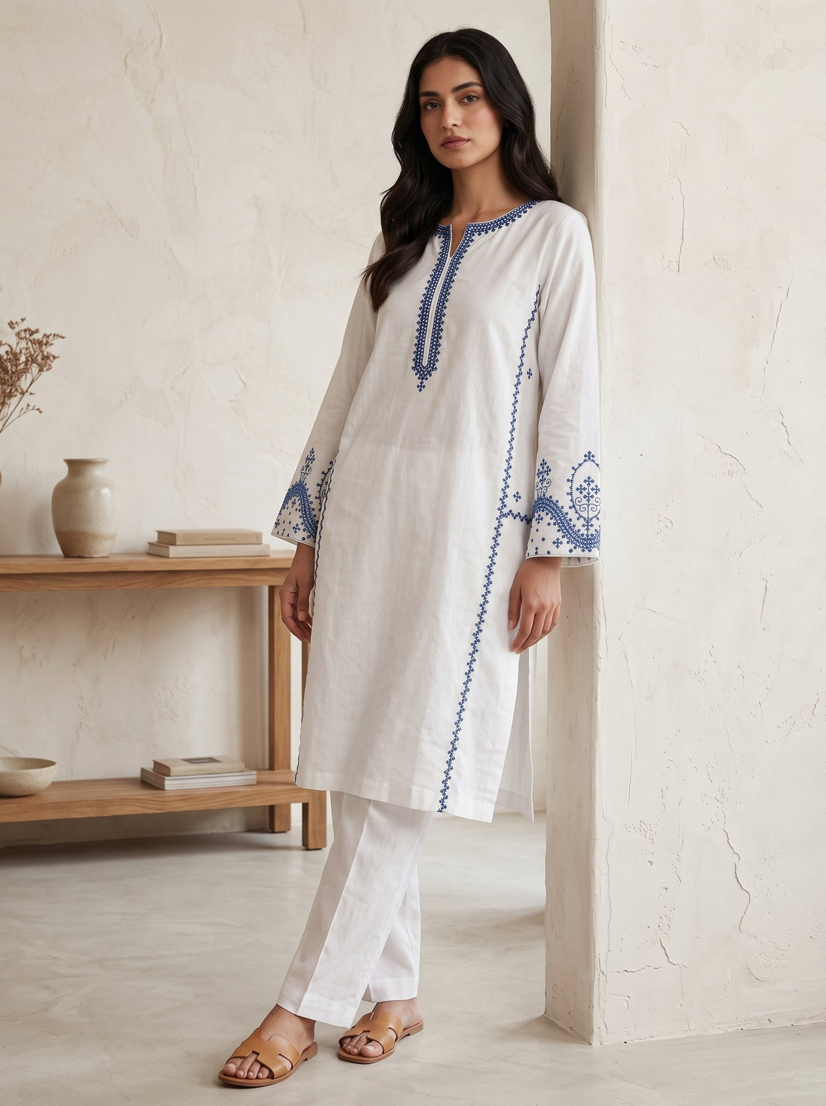 White & Blue Embroidered Co-ord Set