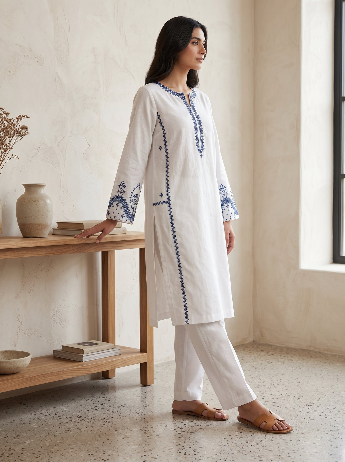 White & Blue Embroidered Co-ord Set