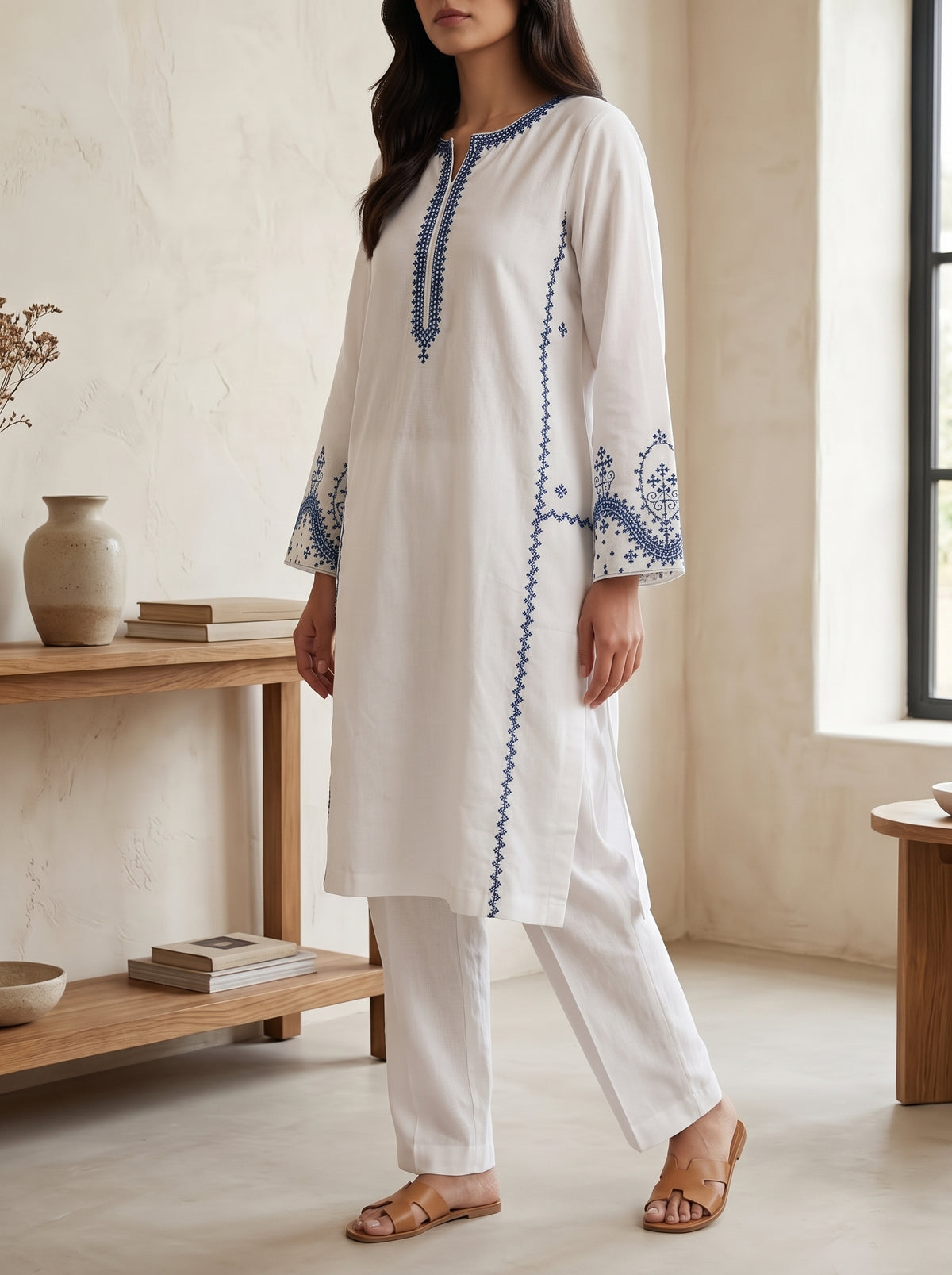 White & Blue Embroidered Co-ord Set