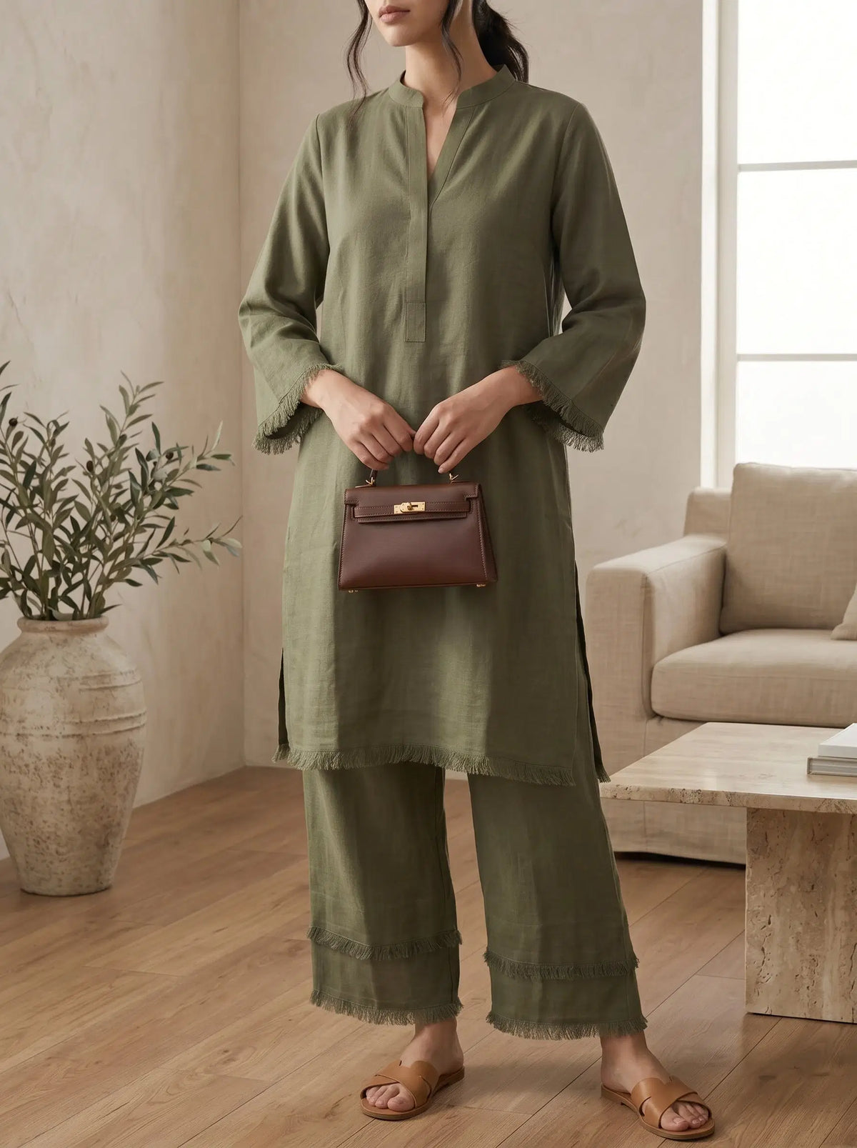 Olive Fringe Co-ord Set