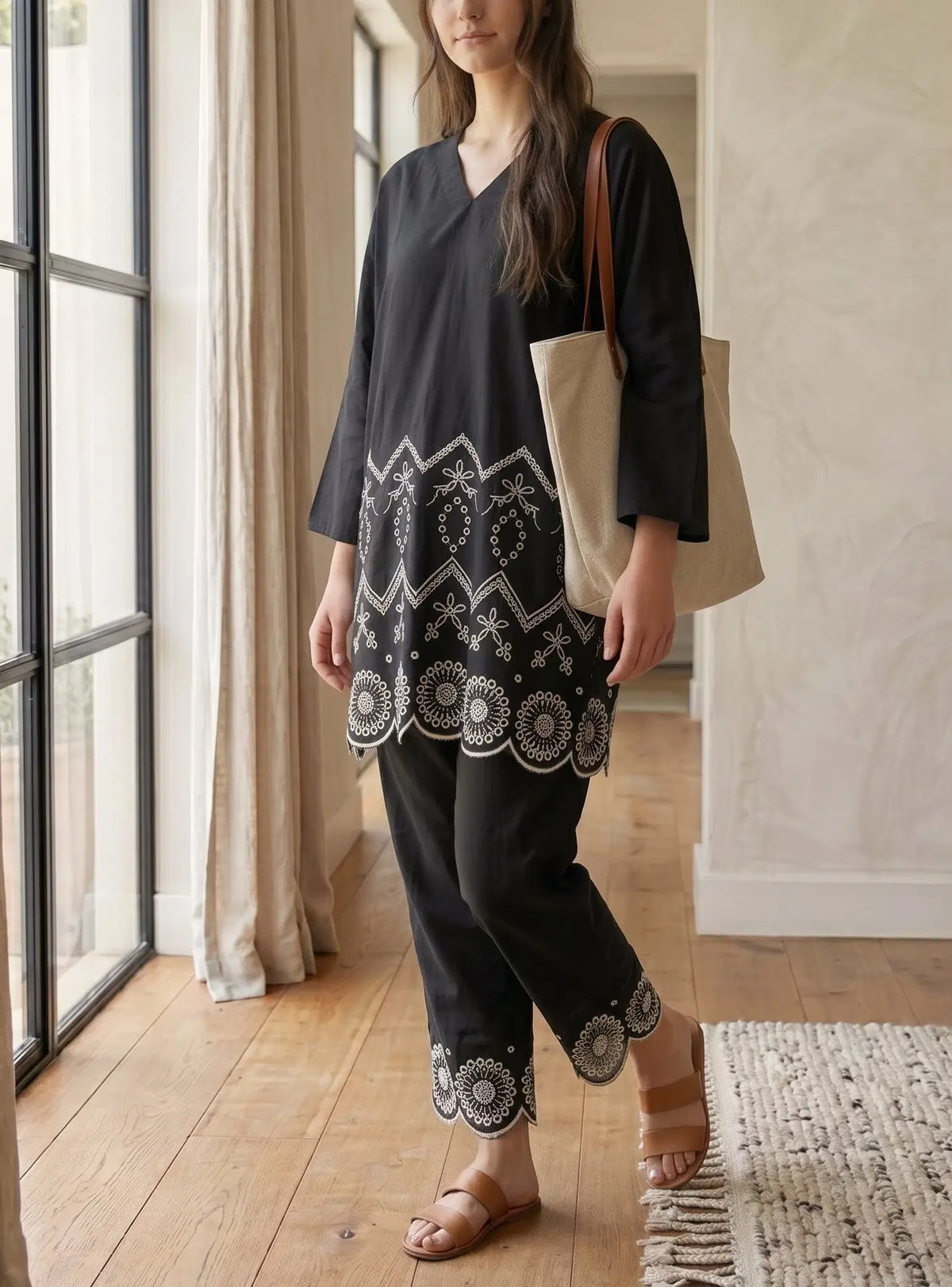 A woman modeling a black tunic and pants set with intricate white embroidery, standing in a bright room with wooden floors and large windows.