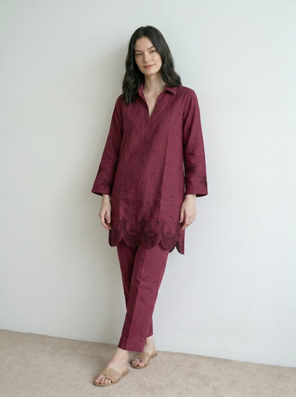 Maroon Schiffli Co-Ord Set