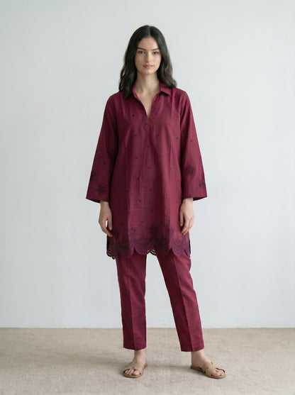 Maroon Schiffli Co-Ord Set