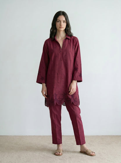 Maroon Schiffli Co-Ord Set