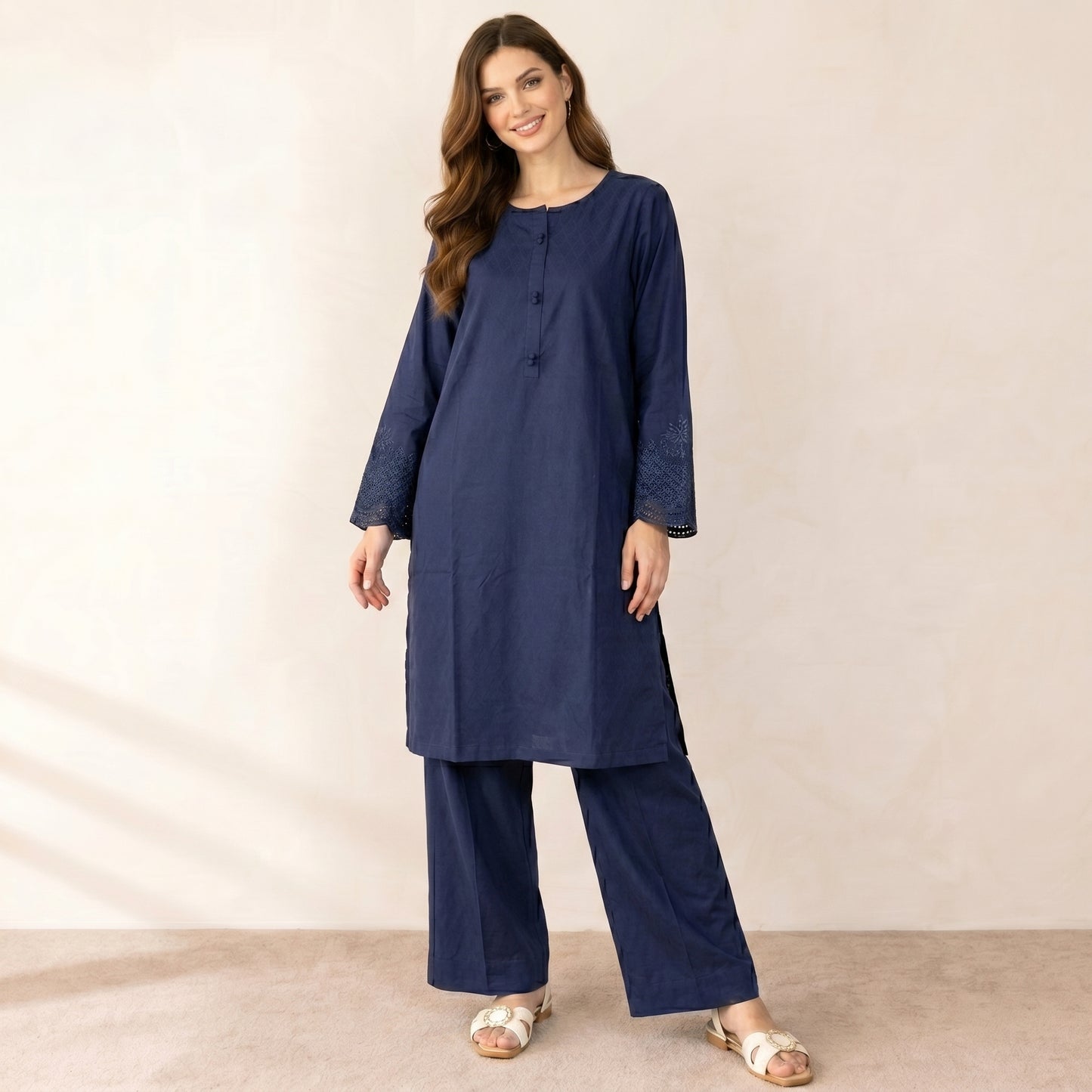 Navy Embroidered Two-Piece Set