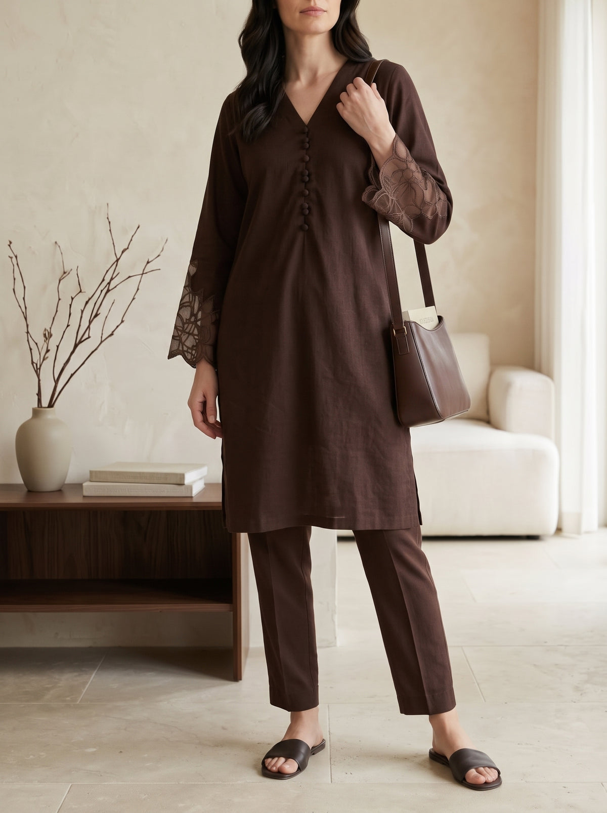 Chocolate Embroidered Co-ord Set