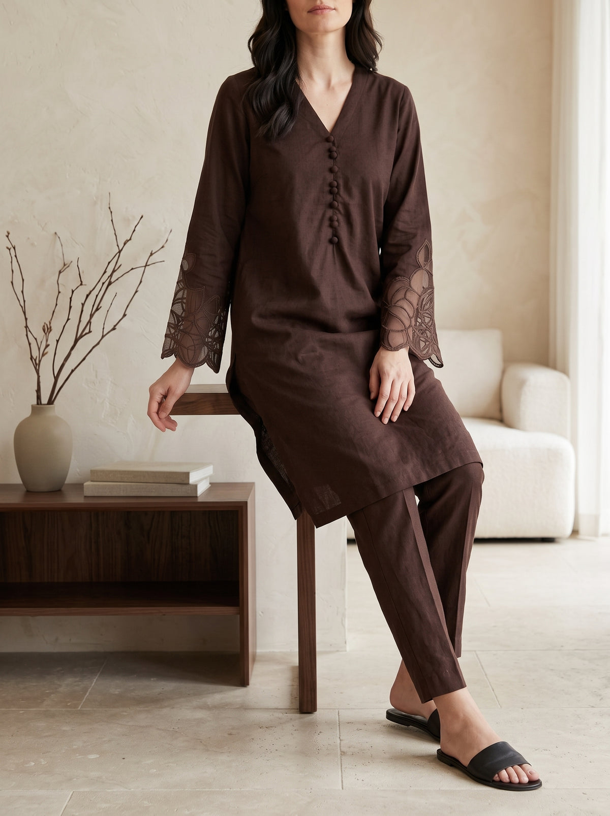 Chocolate Embroidered Co-ord Set