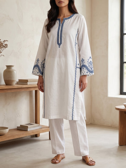 White & Blue Embroidered Co-ord Set