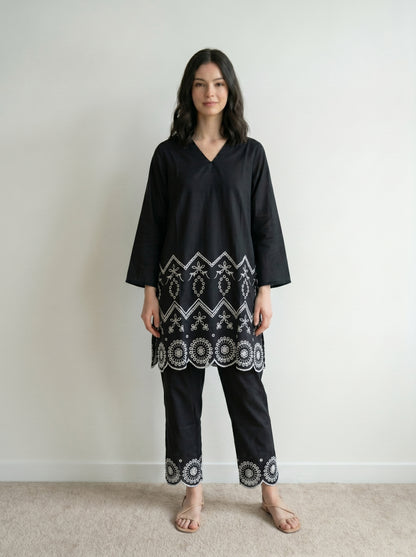 Black Embroidered Two Piece Set
