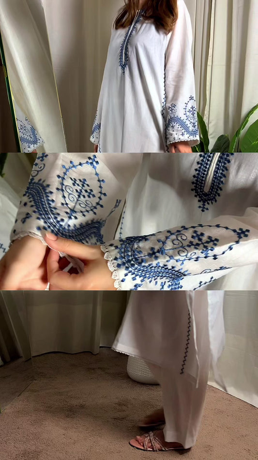White & Blue Embroidered Co-ord Set
