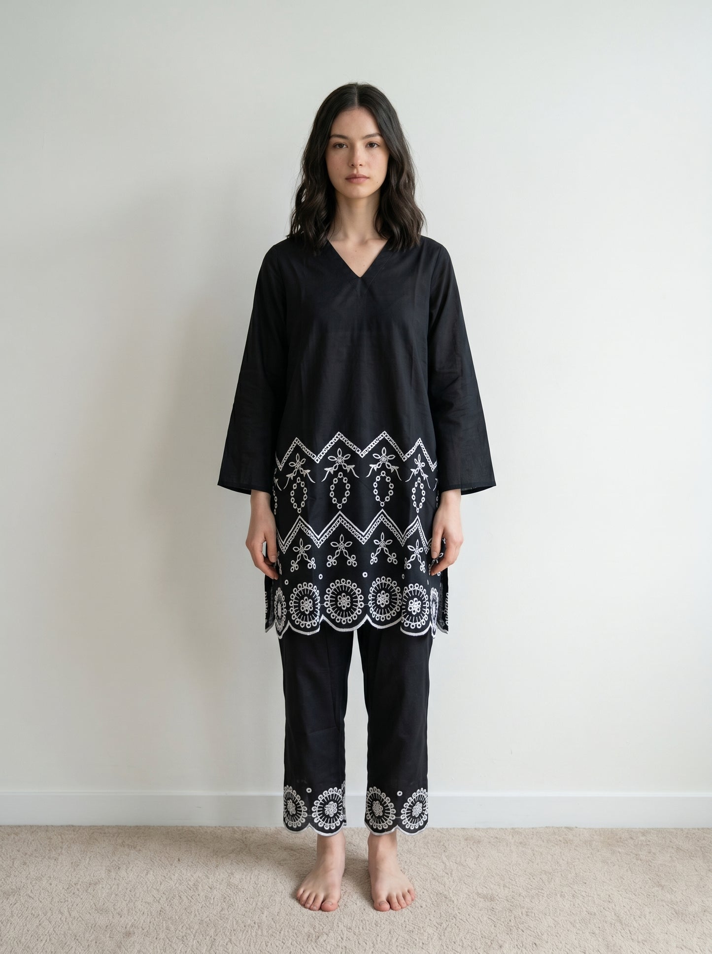 Black Embroidered Two Piece Set